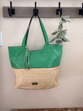 Rachel Zoe Green Lizard-Skin Faux Leather + Woven Straw Resort Carryall Tote
